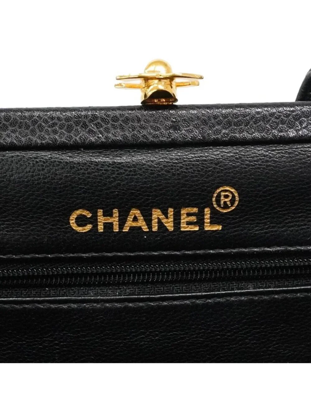 Chanel Handbag Quilted Caviar Leather Black Gold
